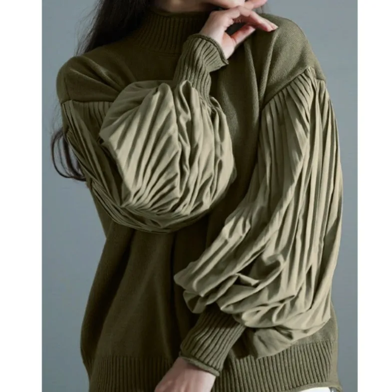

Casual Oversized Knitted Sweater with Pleated Lantern Sves High Collar Long Sve Warmth Providing Regular Fit Autumn Spring