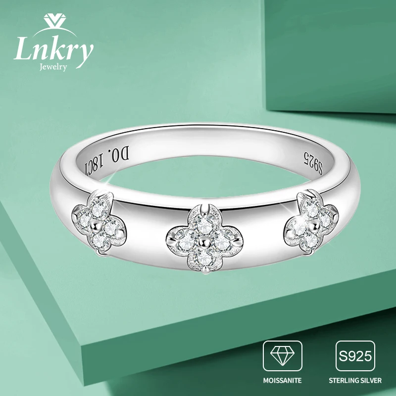 

Сертифицированные Lnkry массивные кольца с муассанитом 1,5 мм Anillo Plata из стерлингового серебра 925 пробы с четырьмя листьями и цветком, обручальное кольцо для женщин, подарок