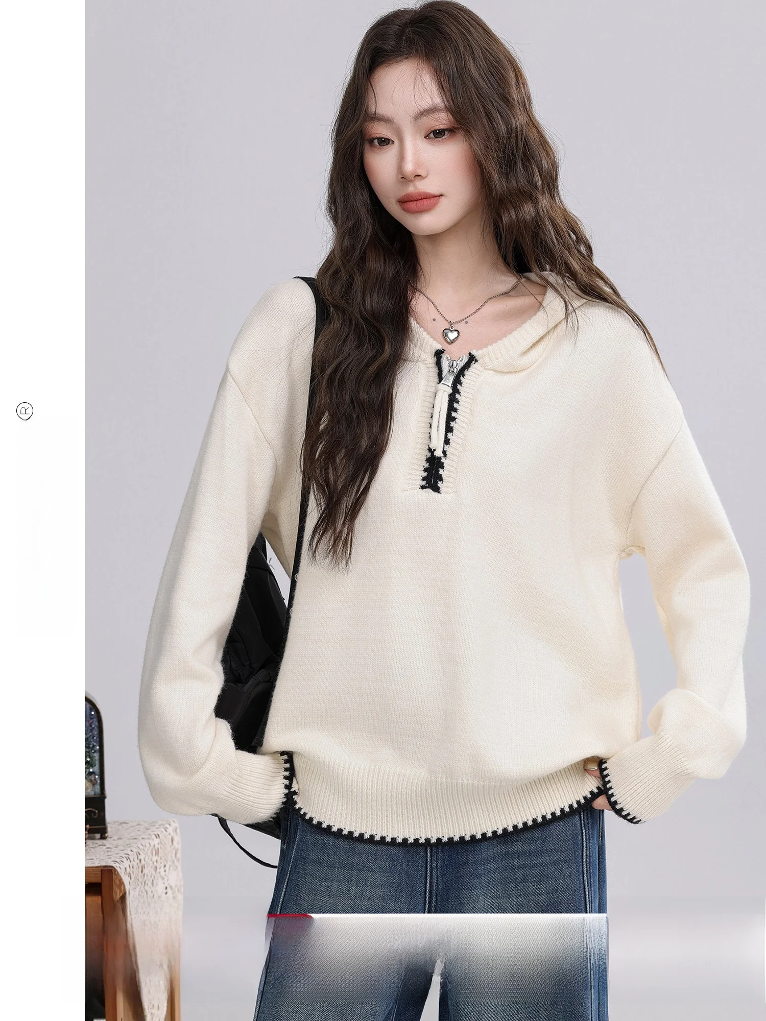 

Женская толстовка Xingzi Lazy Hoodie свободного кроя с молнией до середины груди, новинка зимы, винтажный стиль, из полиэстера, повседневная одежда