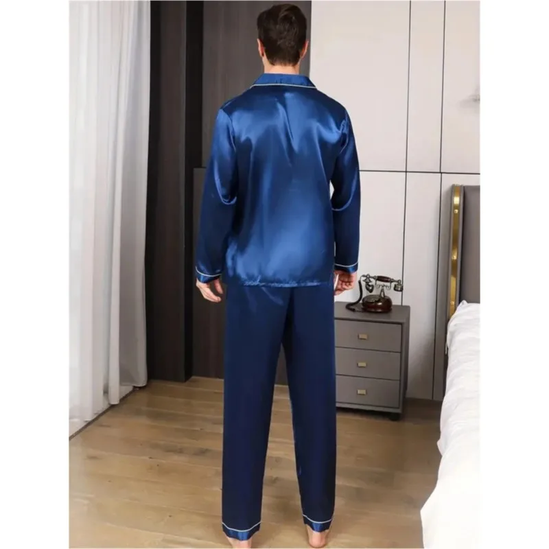 Men\'s Big Size Pajamas Set Silk Satin Sleepwear Shirt Long Short Sleeve Pijama Male Home Suit Loungewear Summer Winter Nightwear