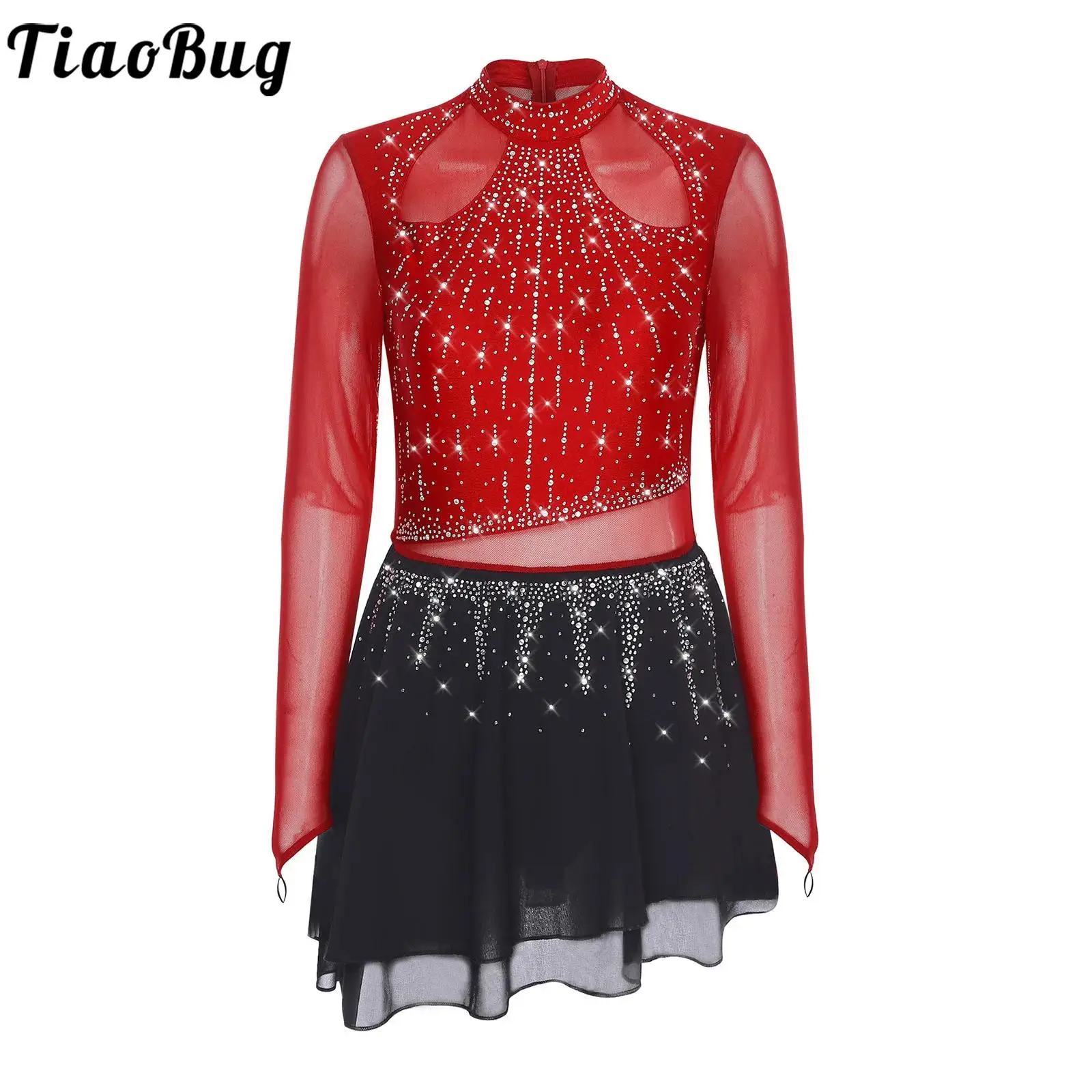 

Women Figure Ice Skating Lyrical Dance Leotard Dress Rhinestones Long Sleeve Chiffon Skirted Bodysuit Modern Dance Show Costumes