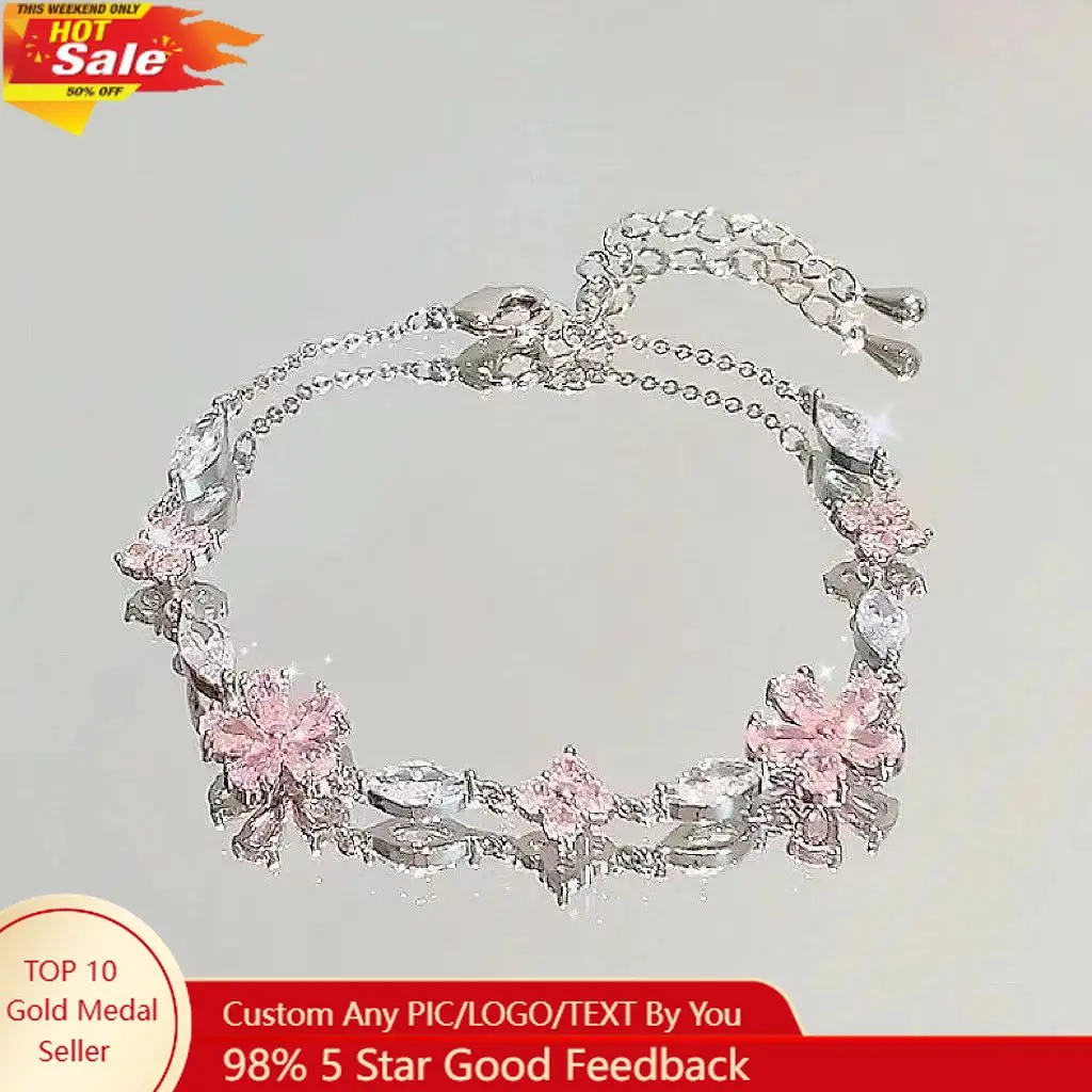 

Shiny Pink Crystal Cherry Blossom Bracelets For Women Girls Sweet Moon Bow Flowers Zircon Bracelet Party Aesthetic Egirl Jewelry