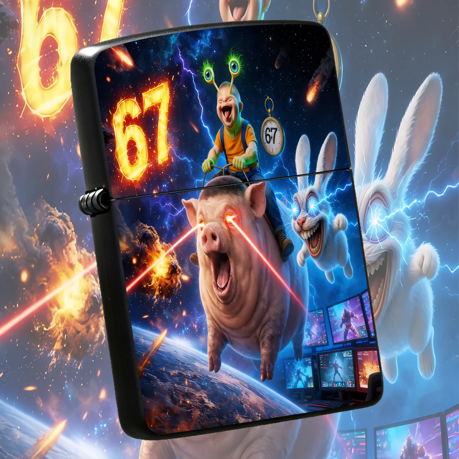 Creative Sci-Fi Space Adventure Lighter, Fun Alien Kid Riding Laser Pig Novelty Decor, Cool 67 Themed Intergalactic Unique Ornament, Whimsical Galactic Travel Desktop Accessory, Portable Trendy Daily Item, Exotic Fun Gift For Friends And Ho