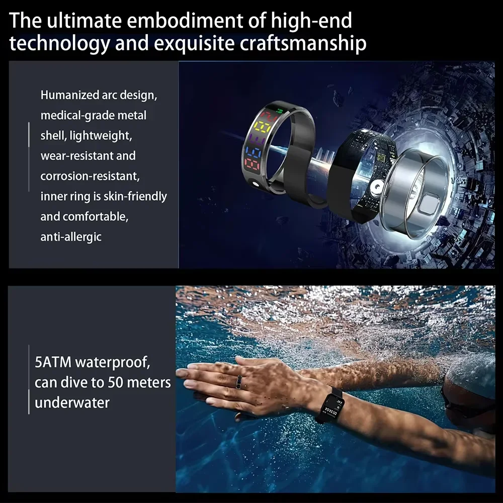 EIGIIS 2025 Color Screen Smart Ring 5ATM Waterproof Touch Health Monitoring Long Battery Life Gesture Operated Multi-motion Mode