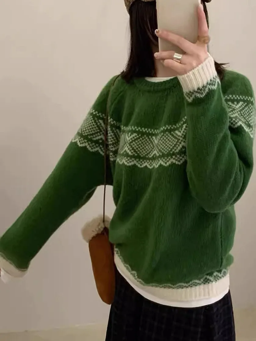 Suéter de Punto Casual de Cuello Redondo, Talla ande, Retro, para Mujer, Otoño Invierno, Cálido, Suave, Cómodo, Jersey de Moda