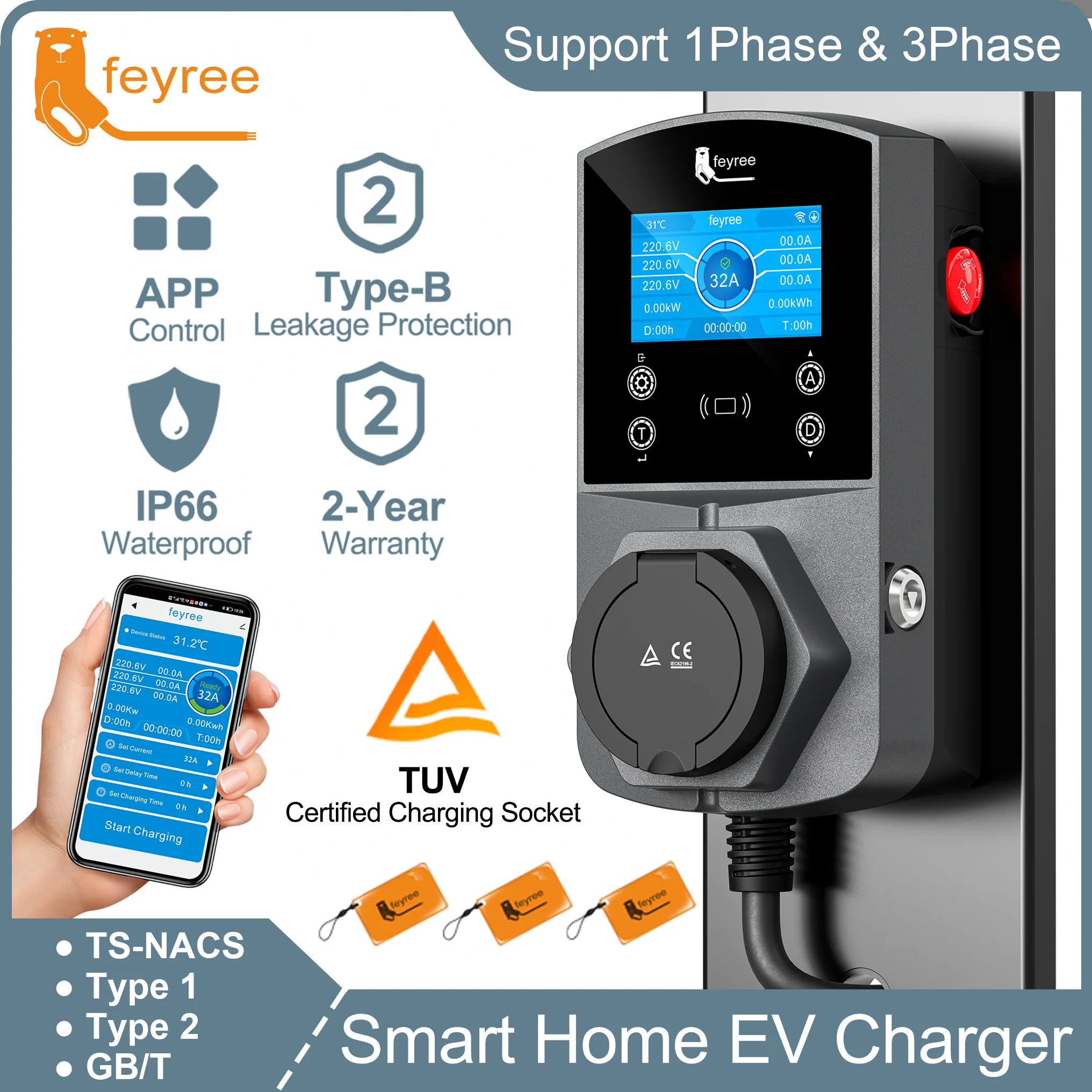 

Feyree Type2 EV Зарядное устройство Версия 22 кВт Умное зарядное устройство для электромобиля TS-NACS Type1 GB/T Plug EVSE Wallbox WIFI Управление через приложение