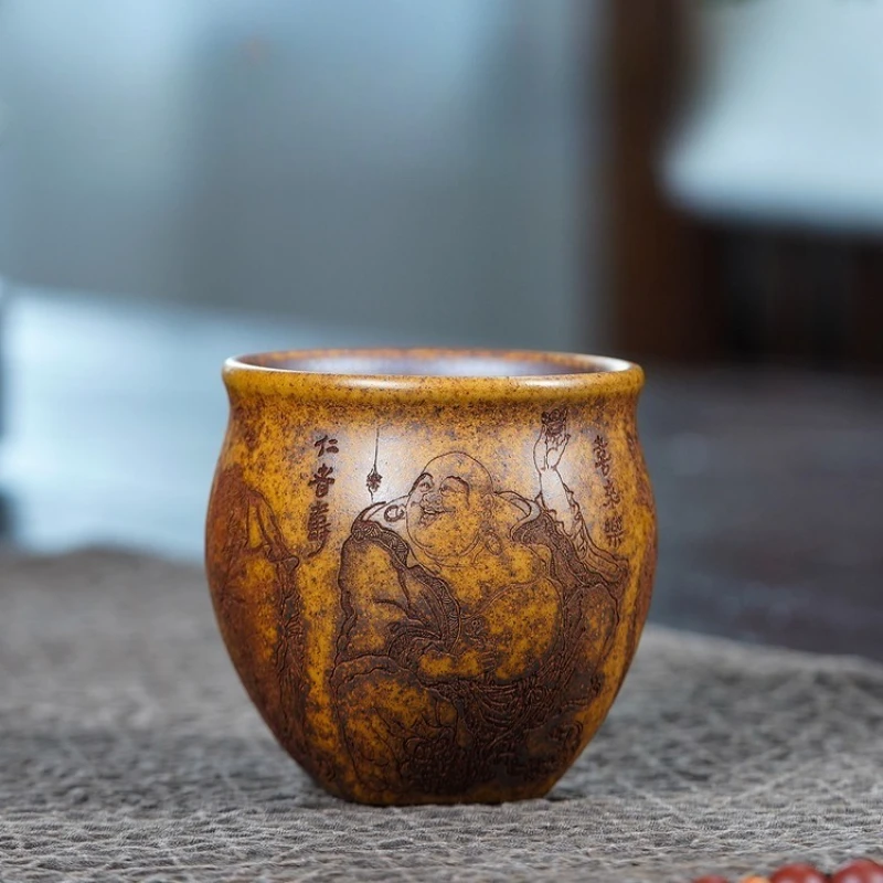 Yixing Purple Clay Teacup, Keel Golden Sand, Handmade, Four Wealth Gods Personal Cup, Large-Capacity Tea Ware
