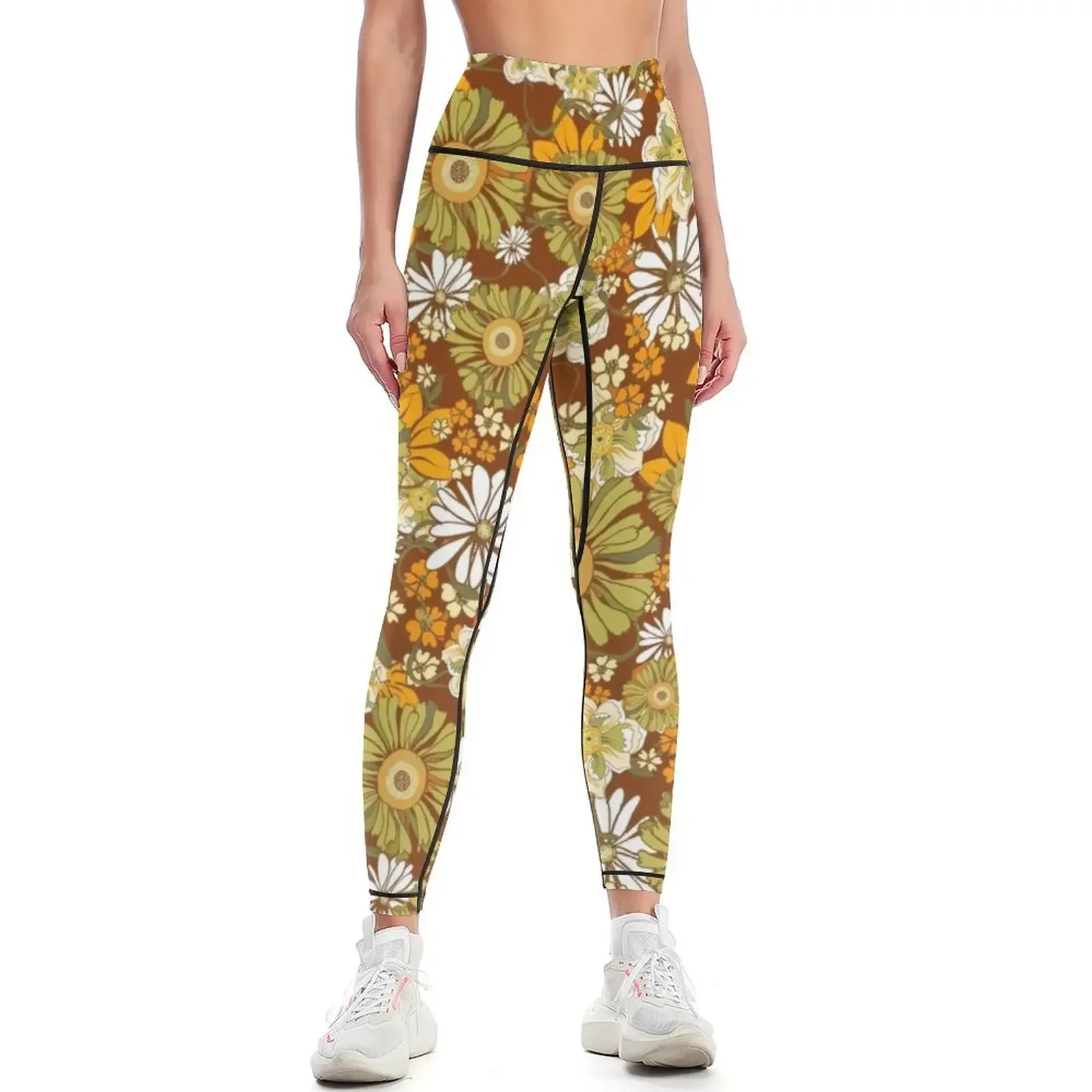 

70s Retro Vintage Flower Power pattern boho, orange, brown, Leggings for physical high waist trousers Womens Leggings
