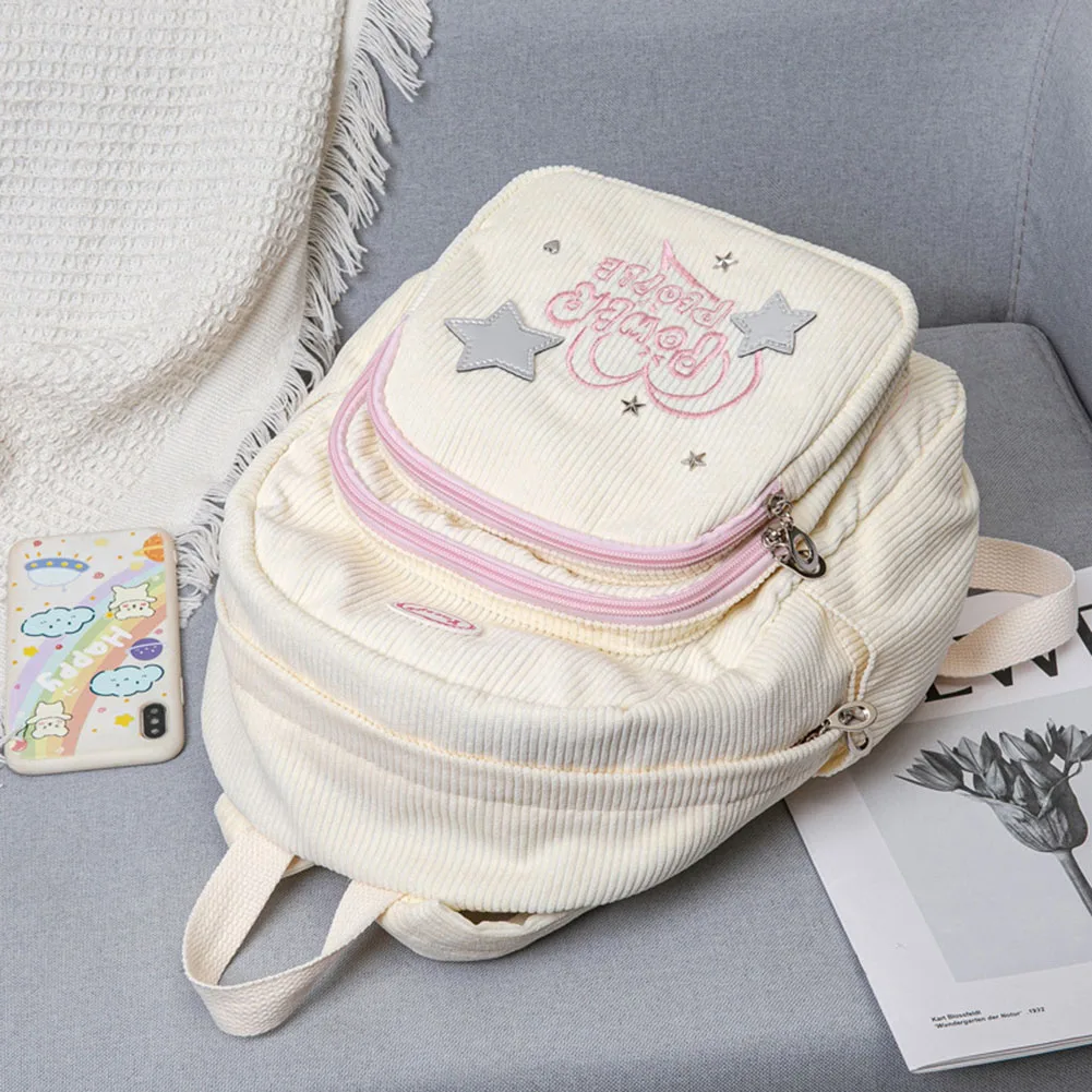 Fashion Corduroy Students Mochila Japanese Sweet Embroidered Pattern Backpack Multi-pocket Aesthetic Rucksack Y2K Women Knapsack