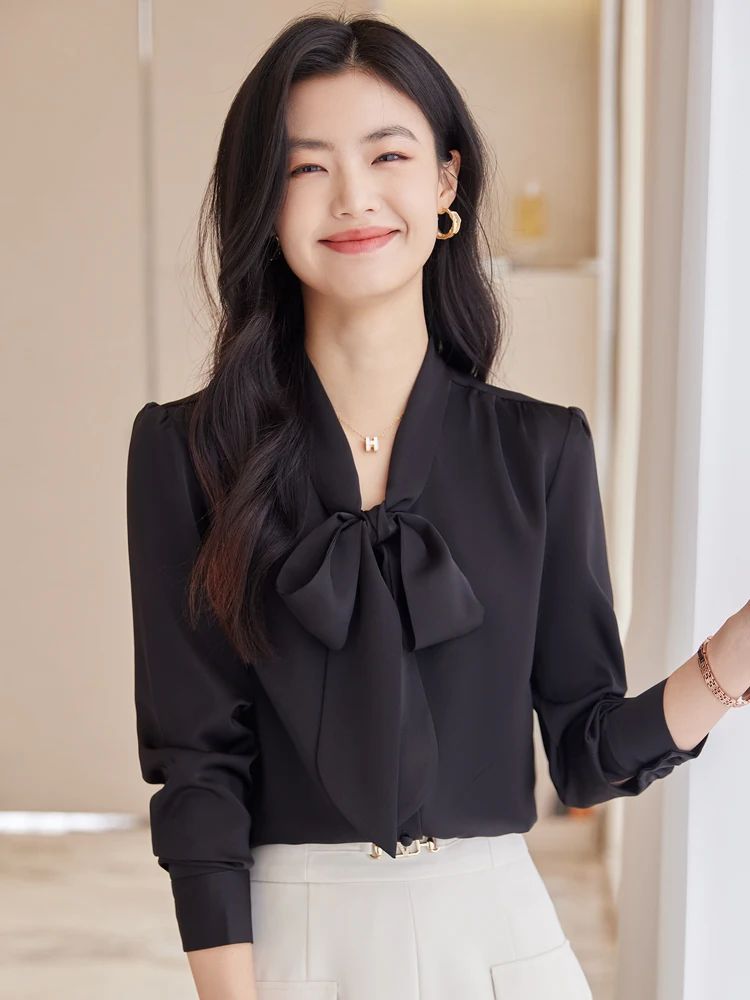 

Black Knot Sash Shirt Women's Fashionable College Style Long Sleeve Interview Shirt V-neck Button Closure Casual Shirt