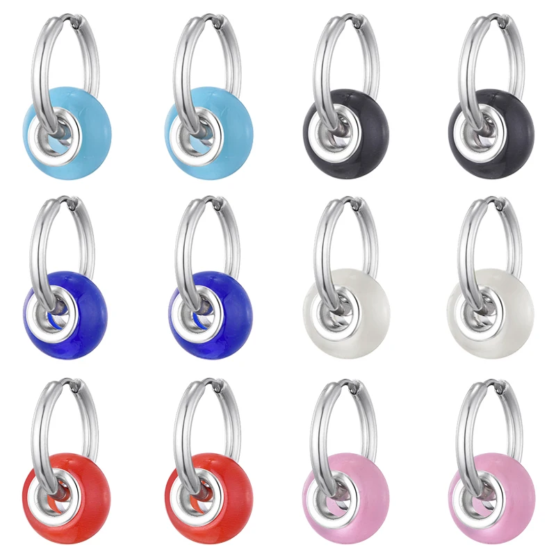 Mode runde Edelstahl Silber Farbe Creolen für Frauen Stein Perlen Ohr Schnalle Tropfen Ohrringe Schmuck Pen dientes Mujer
