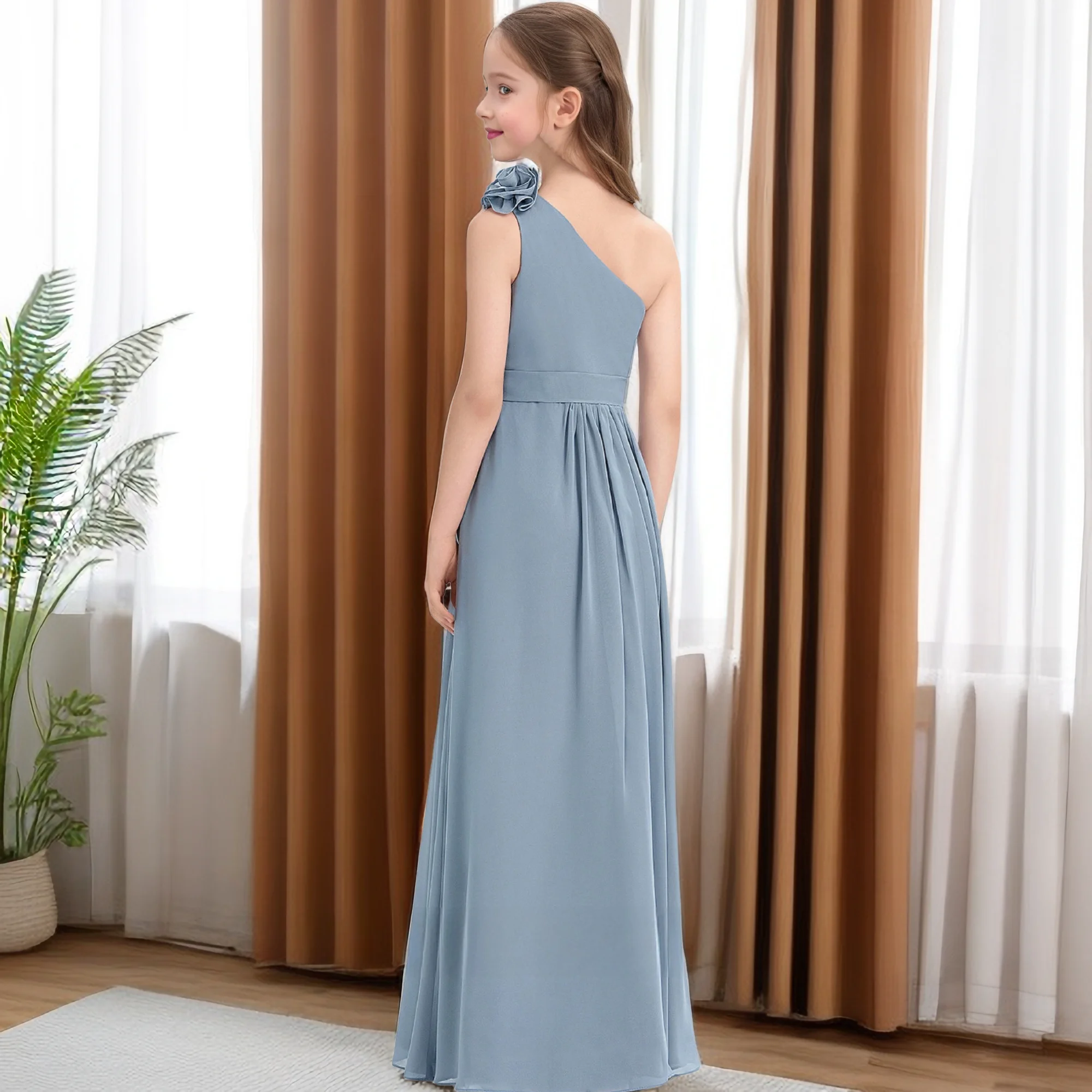 One-Shoulder Chiffon Junior Bridesmaid Dress For Children Festivity Celebration Wedding Ceremony Prom Night Ball-Gown Banquet