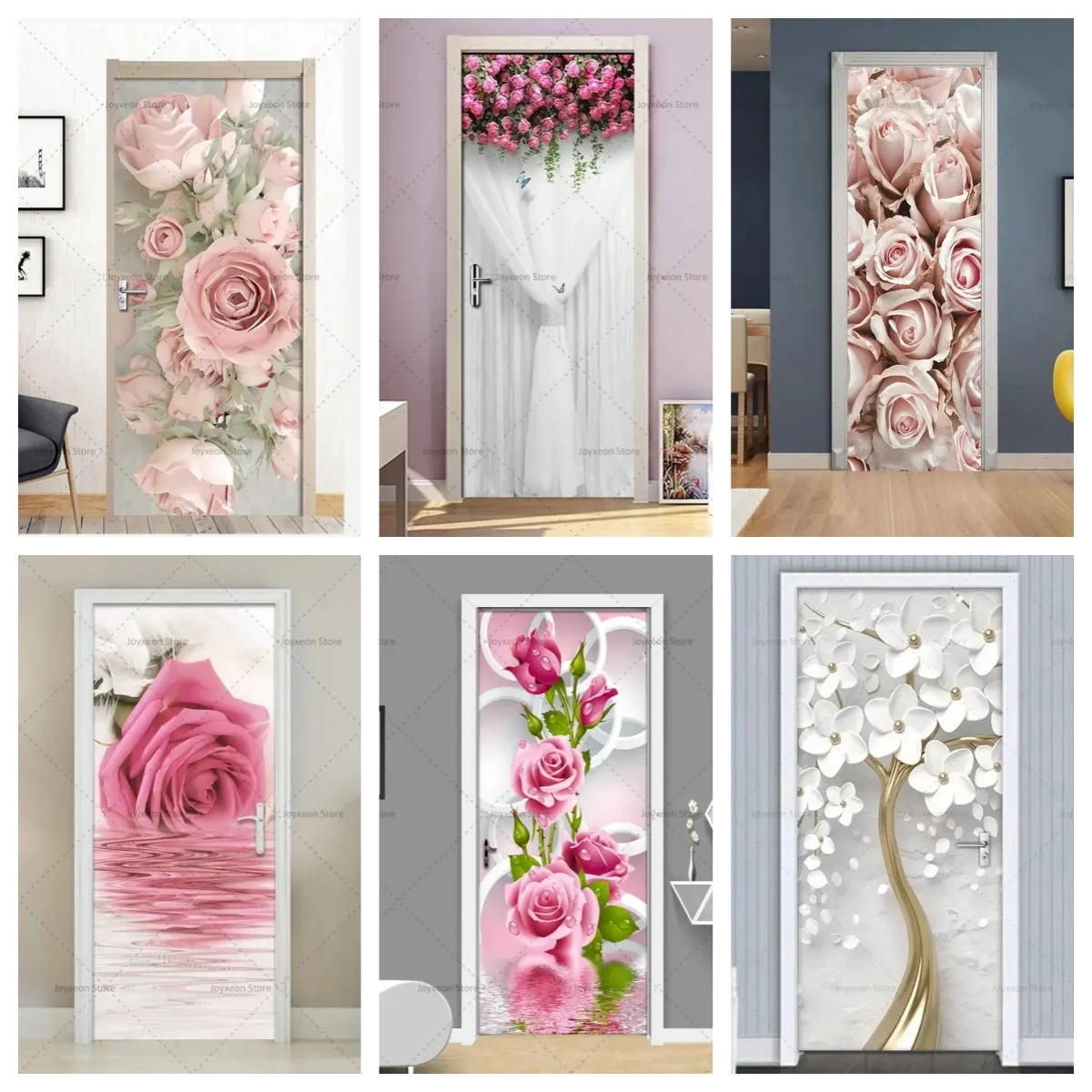Romantic Rose Door Stickers Waterproof Rose PVC Waterproof Self-adhesive Home Decoration Bedroom Renovation Doors Sticker