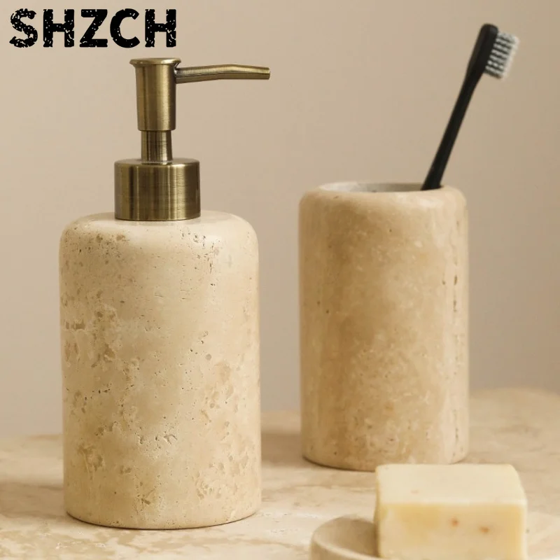 Nordic Bathroom Accessory Set Soap Dispenser Toothbrush Holder Tray Rustproof Stone Vanity Organizer for Farmhouse Sink