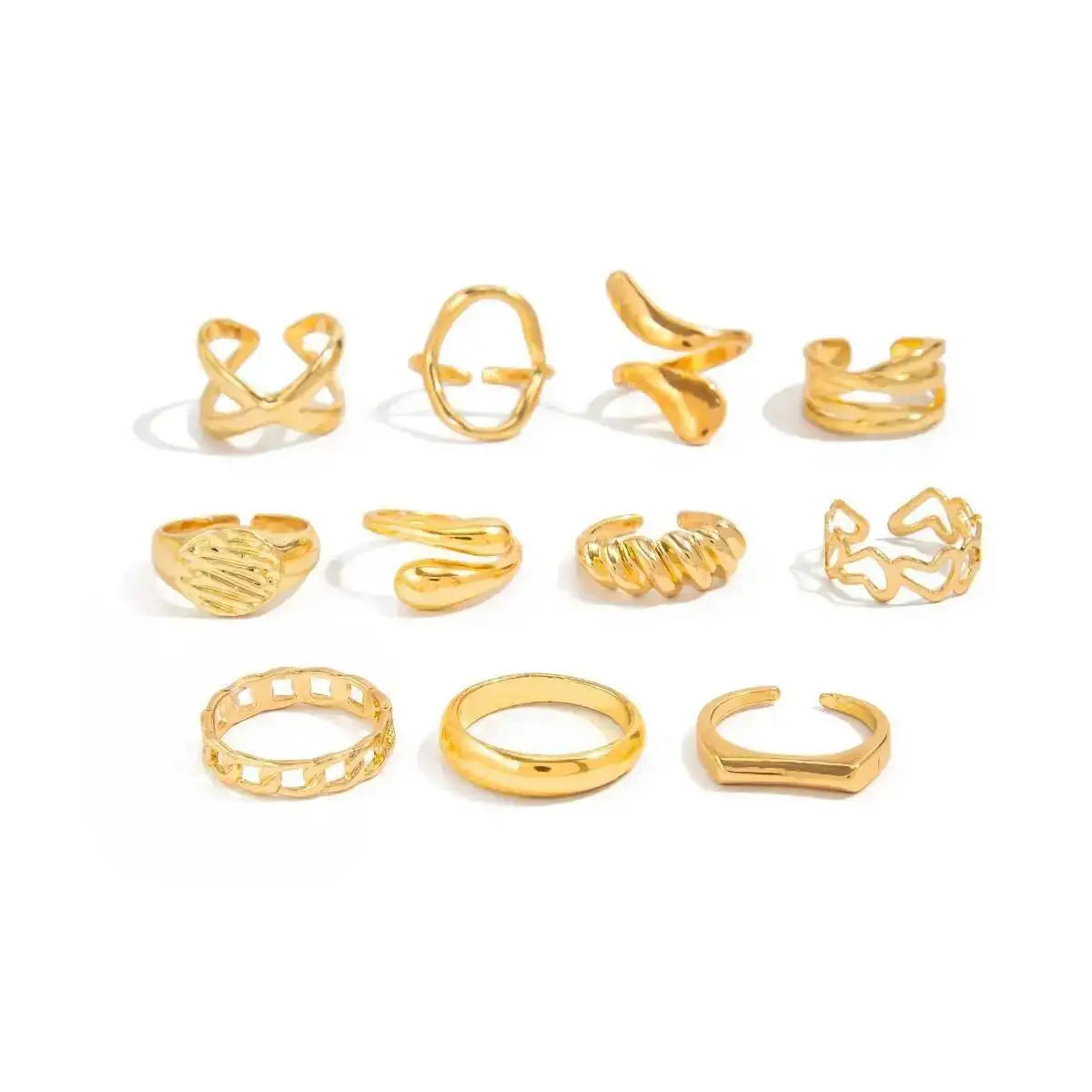 SHIXIN 11 Pcs Hip Hop Irregular Gold Color Open Ring Set for Women Punk Goth Hollow Out Heart Water Drop Rings Party Jewelry New