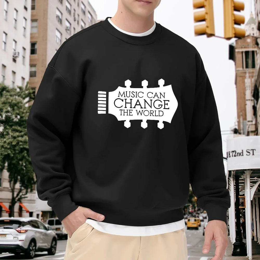 

Men's Black Crew Neck Loose Sweatshirt with Music-Themed Letter Print, Casual Street Style Versatile Top, Comfortable and Breathable Trendy Item for Everyday Wear