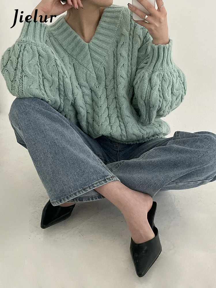 Jielur Autumn Winter New Chic Knitted Pullovers Woman Loose Retro Fashion Pullovers Casual Grey Pink Apricot Light Green Sweater