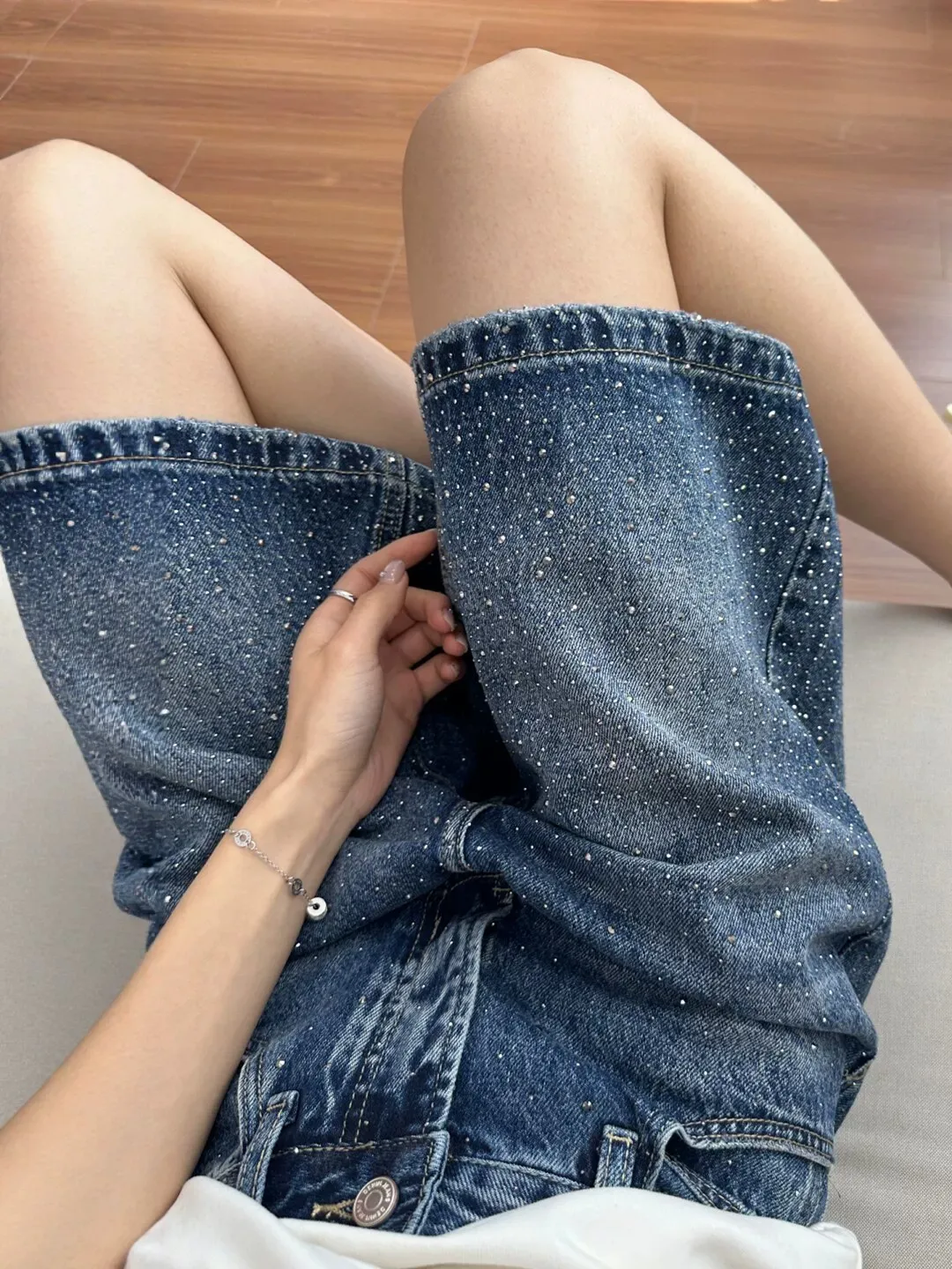 

Retro Blue Rhinestone Five-Point Jeans Shorts Women's Summer New Design High Waist Slimming Loose Wide Leg Mid-Length Pants