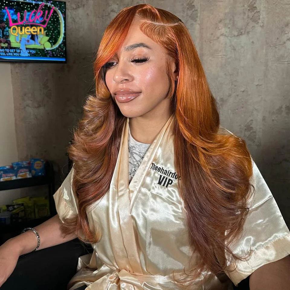 Рыжие, оранжево-коричневые человеческие волосы с эффектом омбре, 7X5, бесклеевые парики, прозрачные, 13X4, фронтальные, бразильские, плотность 180, для женщин, предварительно выщипанные