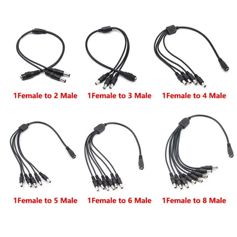Rozgałęźnik zasilania 12 V DC 1 żeński do 2 3 4 5 6 8 męski Kabel CCTV Kabel kamery Akcesoria CCTV Zasilacz 2,1 * 5,5 mm