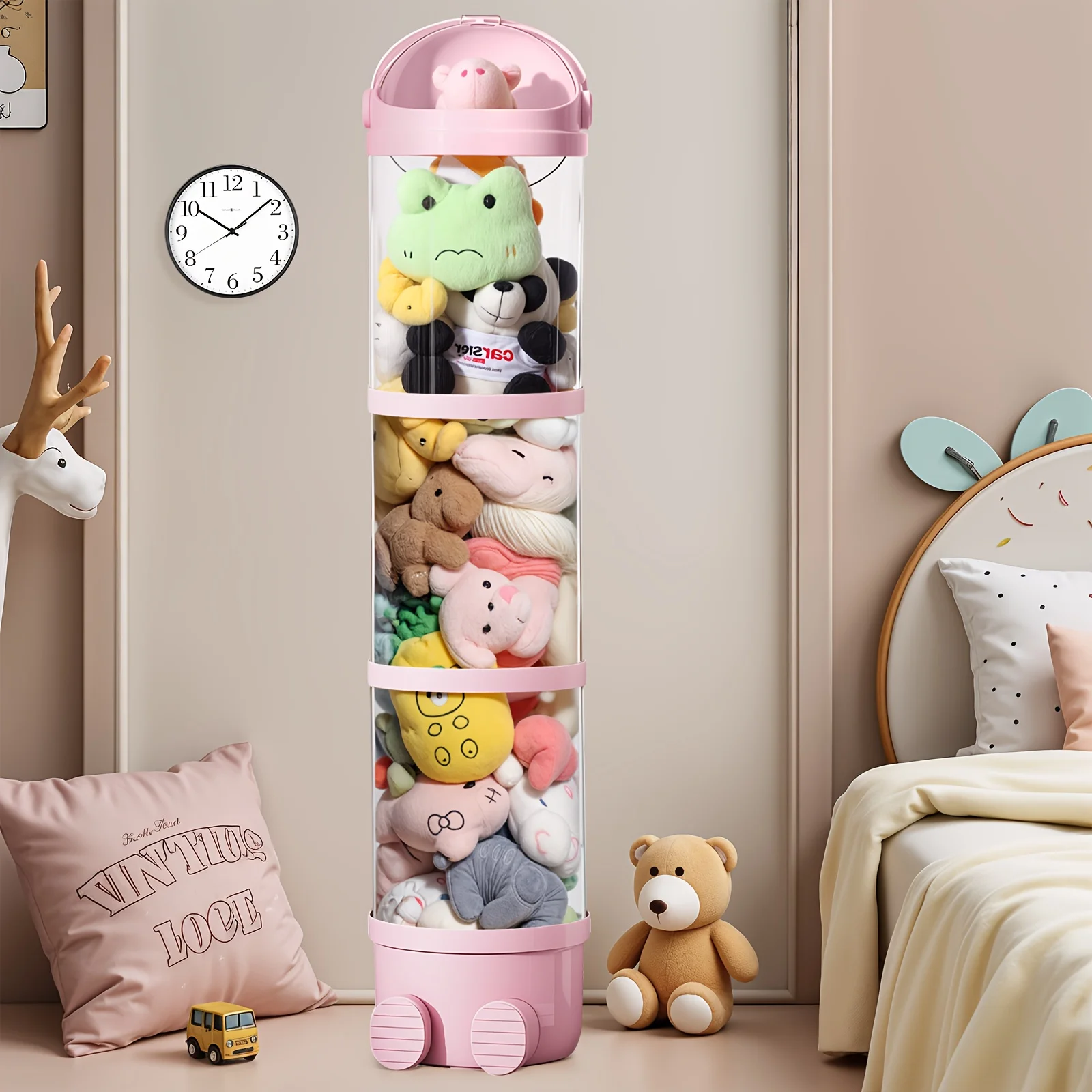 

A 51.18-inch plastic doll storage box, suitable for storing stuffed animal toys and easy to carry.