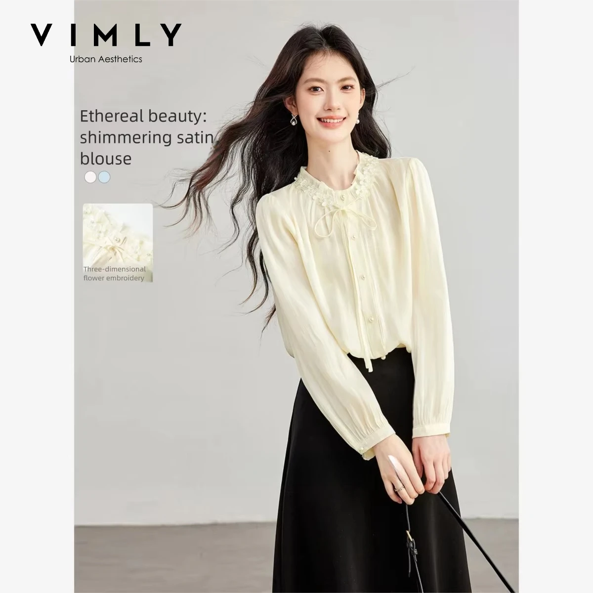 VIMLY French Elegant Satin Shirt for Women Autumn Blue Lace Stand Collar Long Sleeve Blouse Fashion Casual Office Lady Top A7527