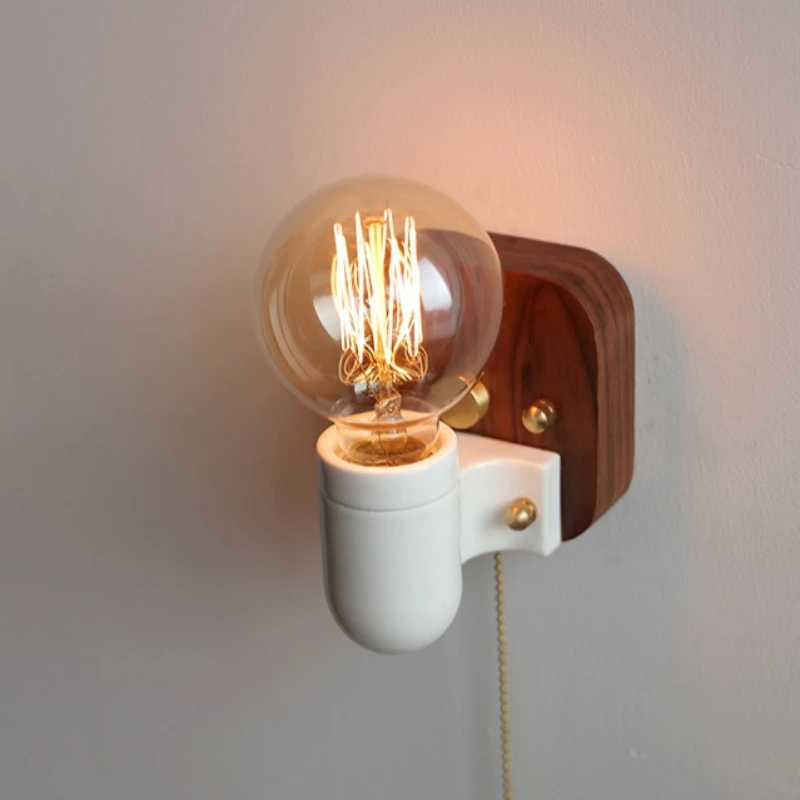 

Black Walnut Retro Wall Lamp Bedroom Bedside Lighting Lamps Small Ceramics Japanese Style Wall Light Living Room Corridor Lights