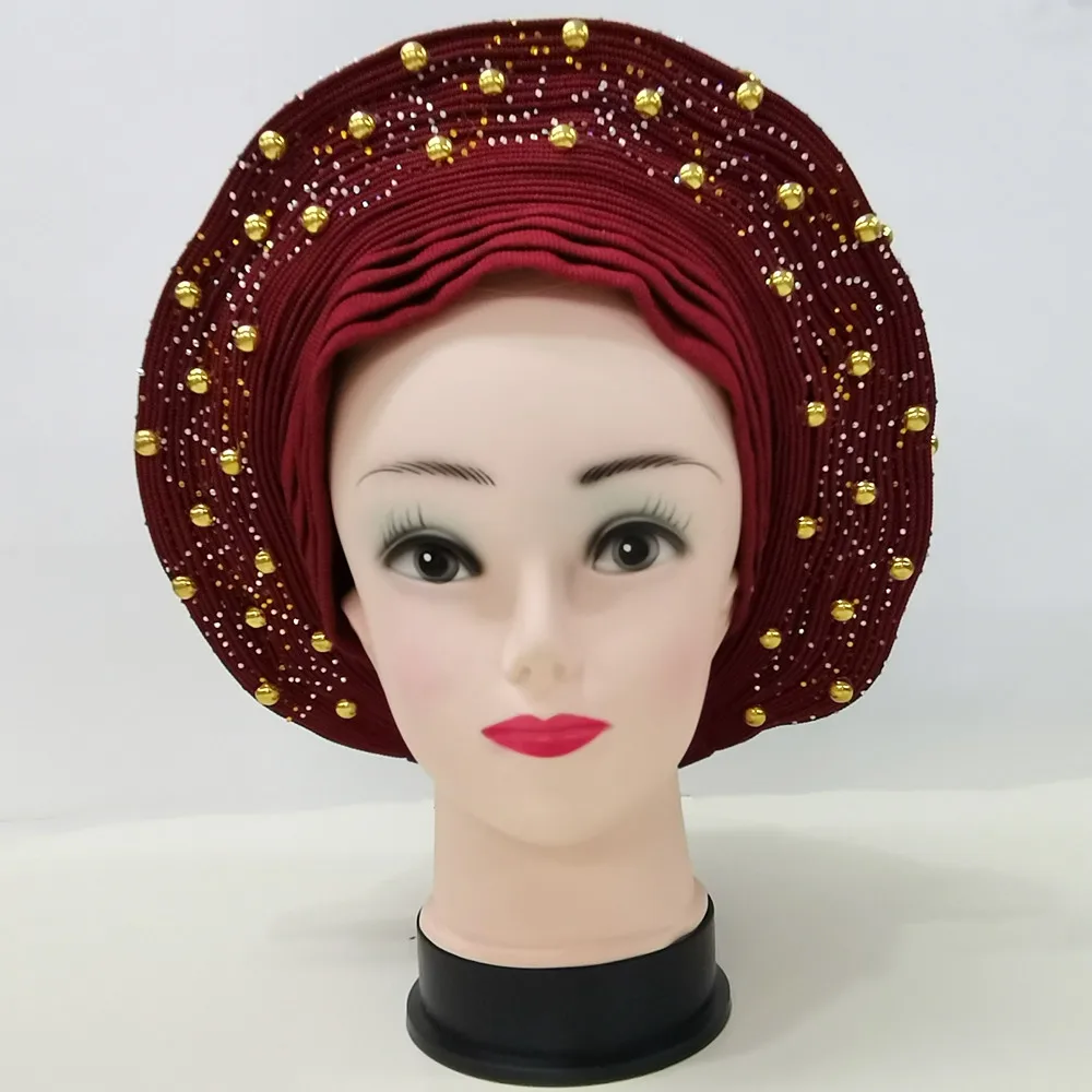 W nowym stylu afryki Aso Oke Headtie Auto Asoebi Gele nakrycia głowy z żelaza kamienne koraliki najlepsza jakość Turban Headwraps 1 sztuk/paczka