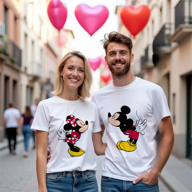 Mickey Minnie Cotton T-Shirt Women Men Disney Couple O-Neck Tops Tees Valentines Day Fashion Clothing Daily Casual Streetwear