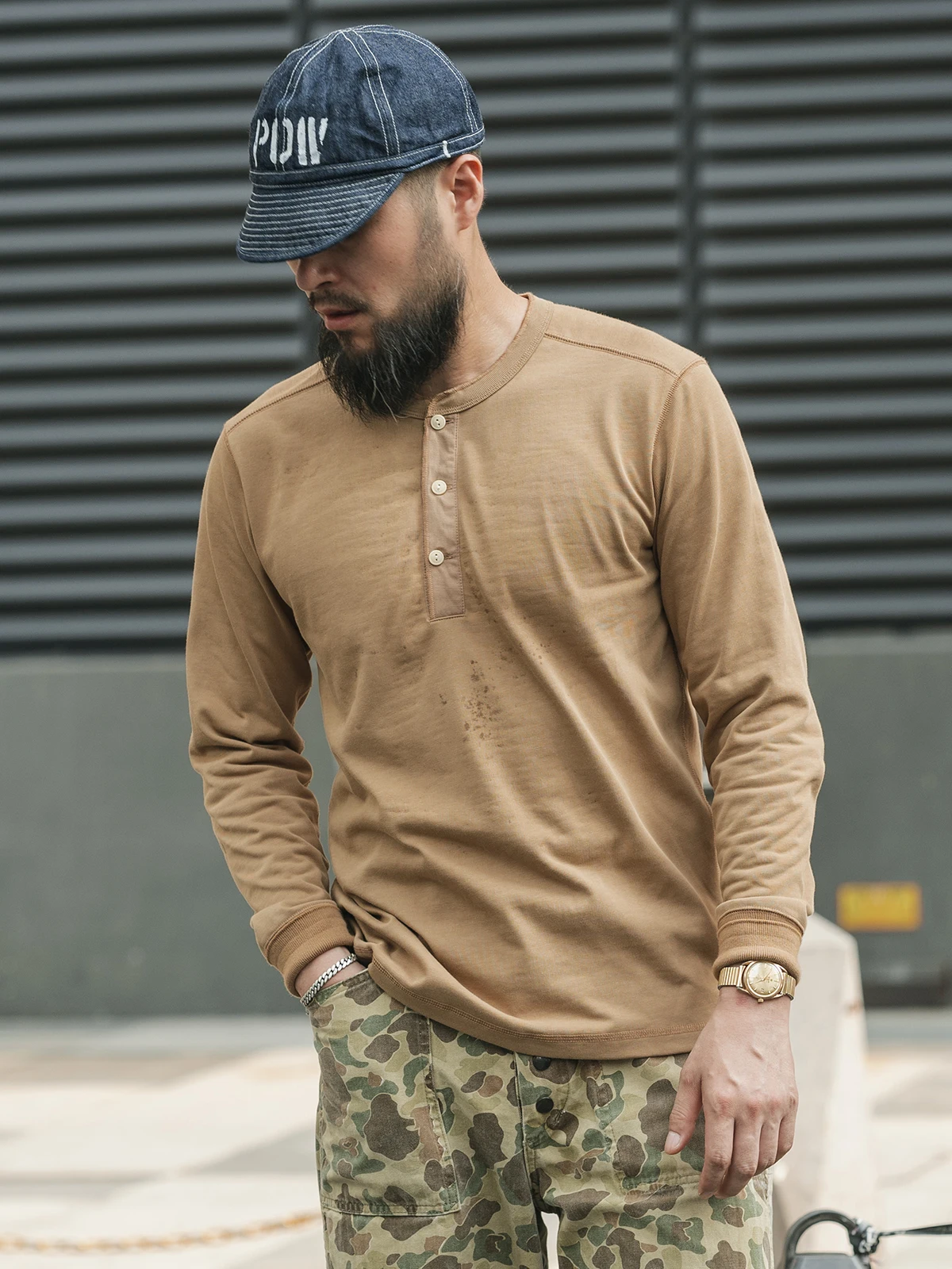 Rugged Bronson Heavyweight 350g Men's Long Sleeve Henry Collar T-Shirt Thickened Pure Color Base Layer Shirt Casual Style image 2