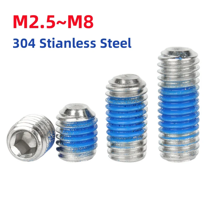M2.5~m8 304 Stianless Steel Hex Socket Set Screw Cup Point Headless Hexagon Socket Grub Bolt Half Coated Blue Glue Dispensing
