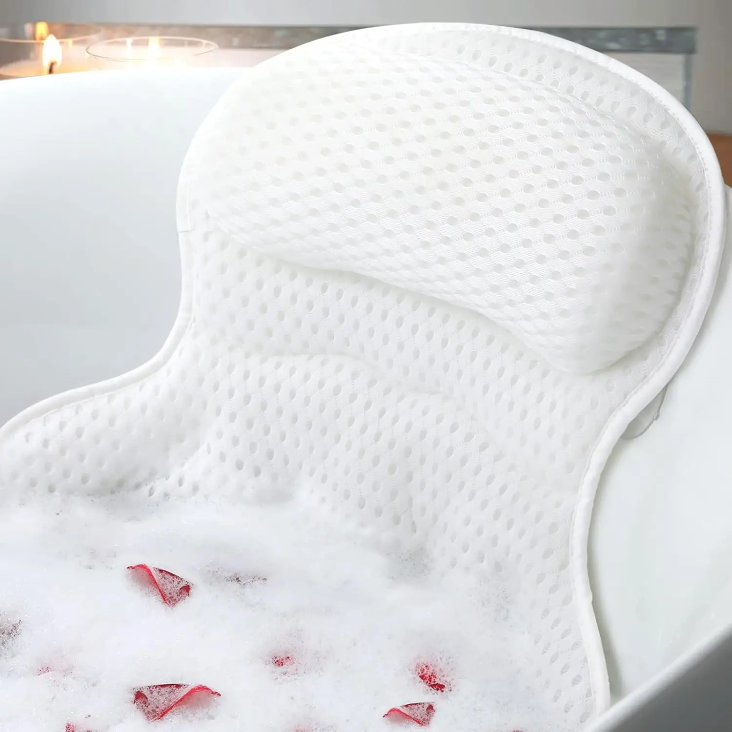 

Luxury Bath Pillow for Neck and Back Support, Soft 4D Mesh Fabric with Non-Slip Suction Cups, Relaxing Spa Gift