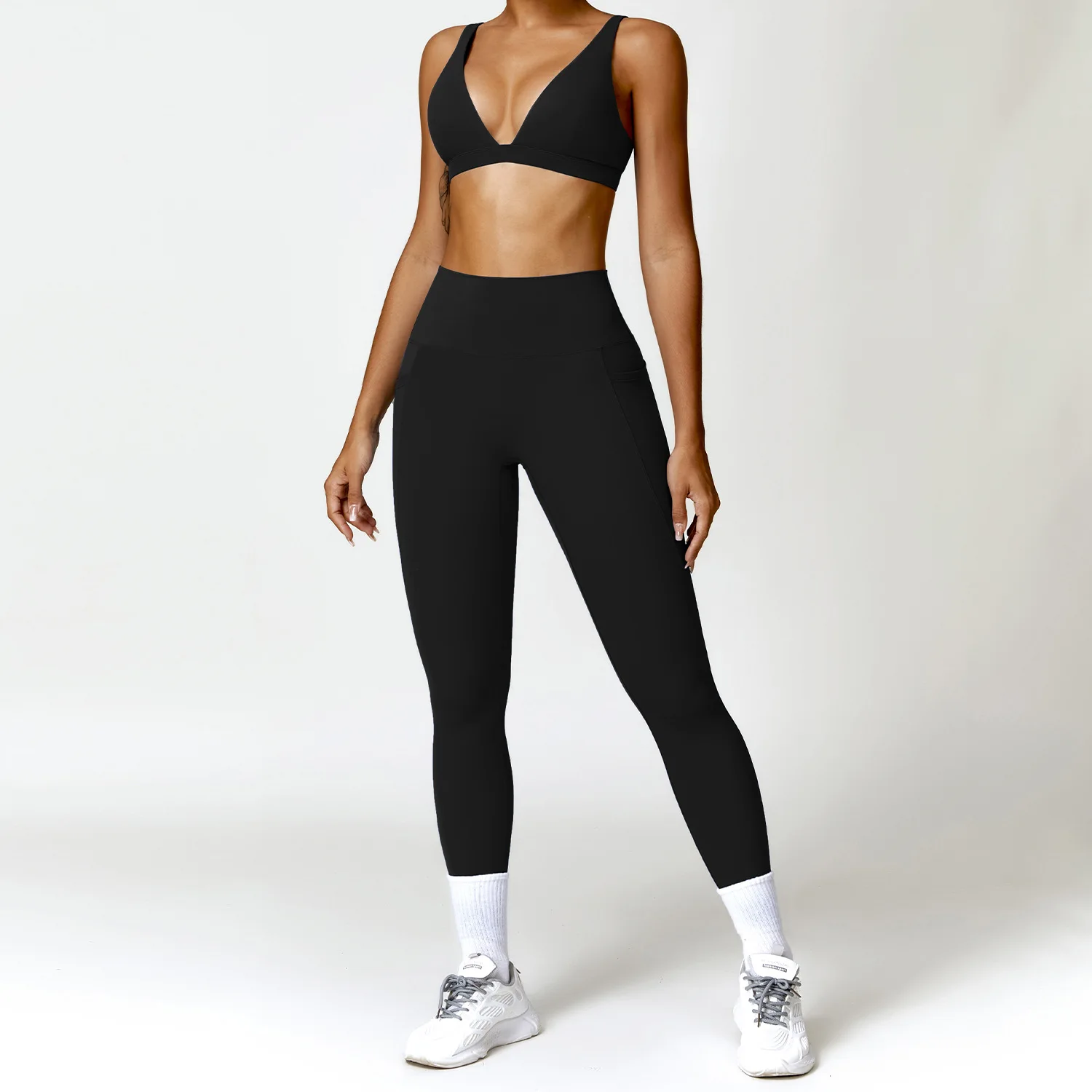 Moditin Fitness Gymset Voor Vrouwen Mooie Sexy Bh Tops Hoge Taille Naadloze Leggings Strakke Broek Met Zakken