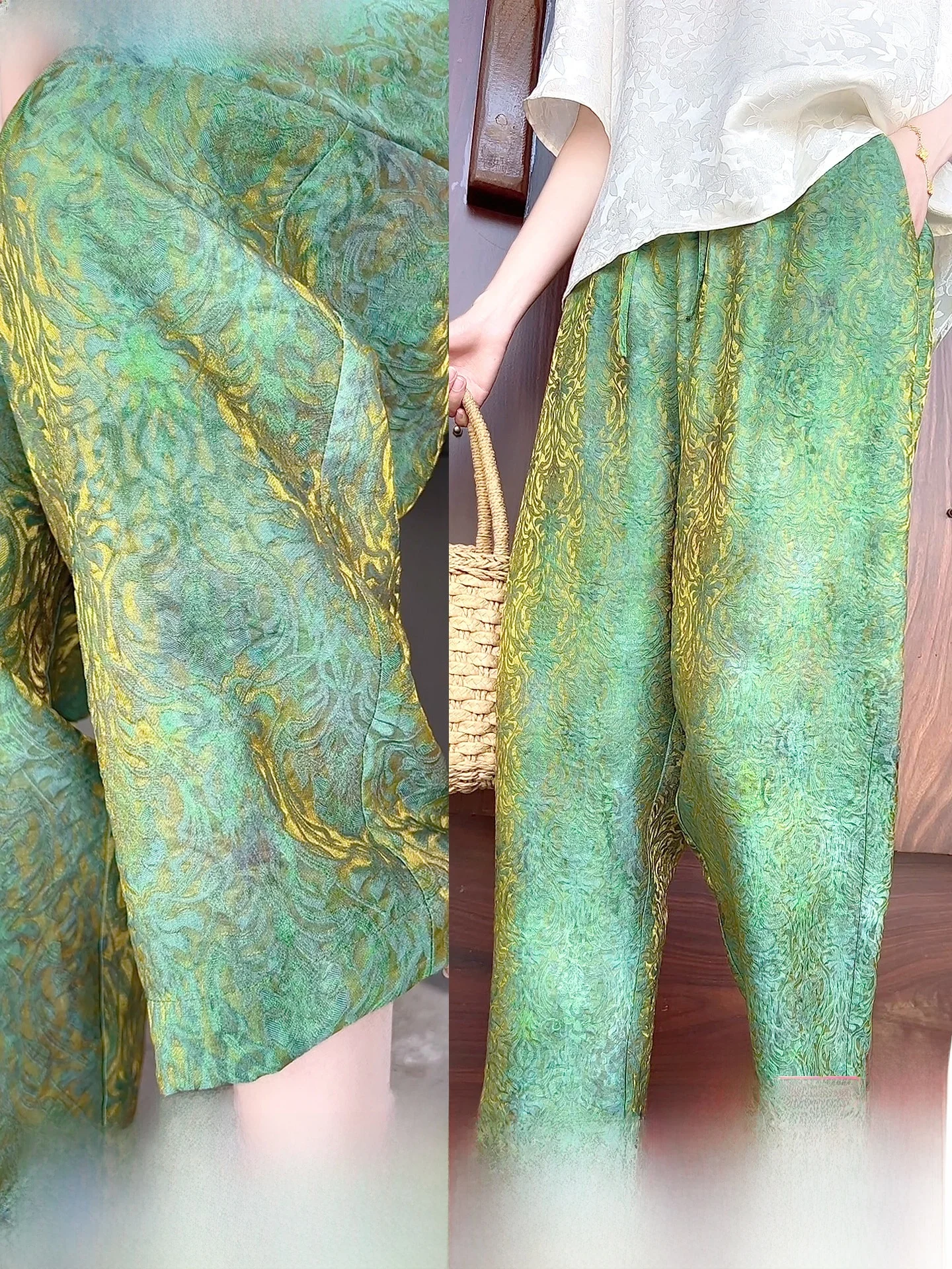 

New Chinese Style Drawstring Lantern Pants Women's Summer Slimming Nine-Piece Floating Light Silk High Waist Casual Pants