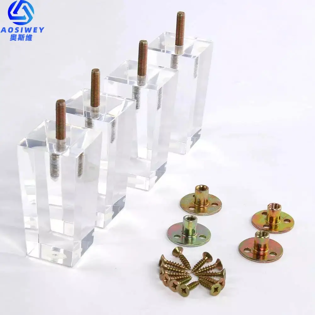 1Pcs 4inch Acrylic Furniture Legs Square Transparent Sofa Legs Replacement for Home Chairs Bed Drawers Coffee Table with Screws