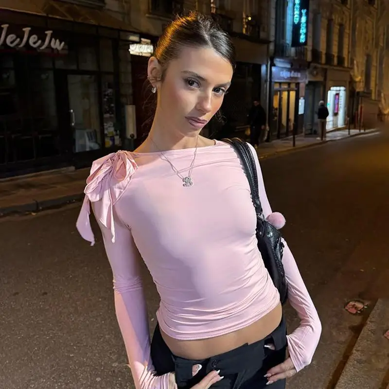 

Women's Single oulder Strap T-irt Slanted Sli Slim Fit Long Sve Polyester Spandex Blend Color Spring 2025