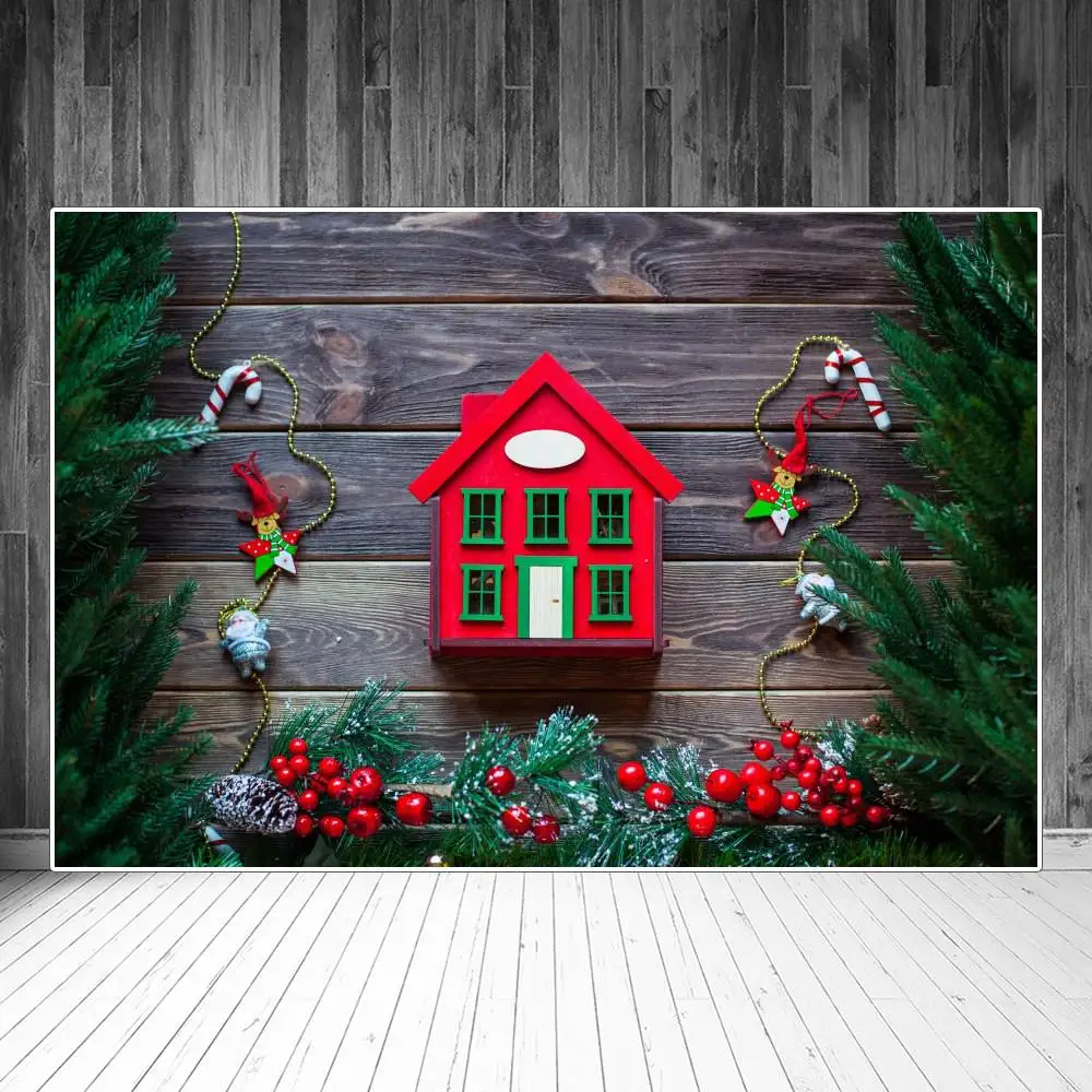 Christmas House Holly Pine Twigs Wooden Planks Boards Photography Backgrounds Custom Baby Party Decoration Photo Booth Backdrops