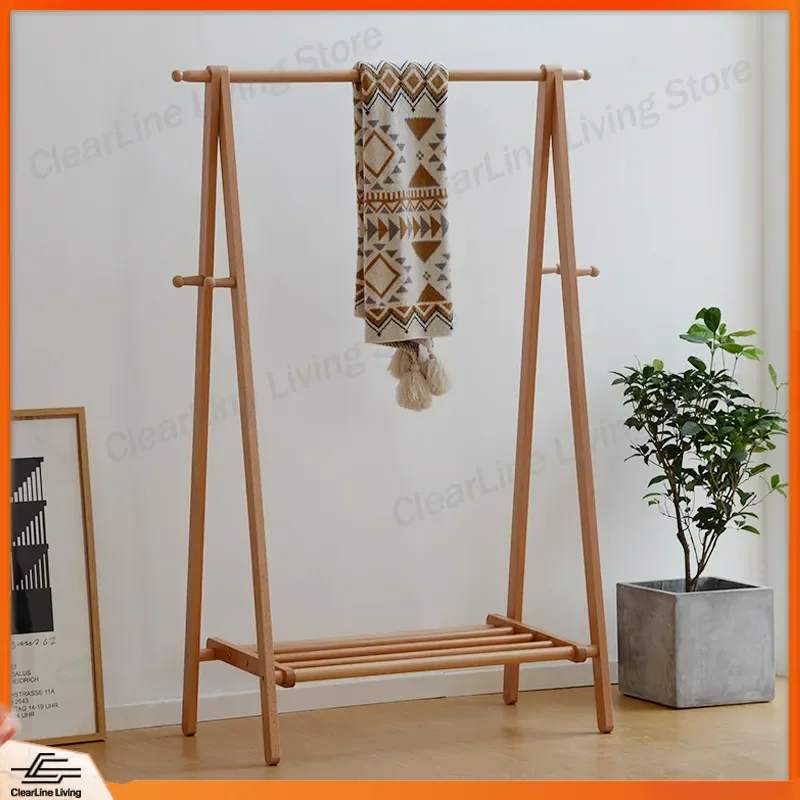 Japanese Style Log Floor to Ceiling Coat Rack Beech Multi Functional Clothes Hanger Bedroom Simple Solid Wood Hanger Cross