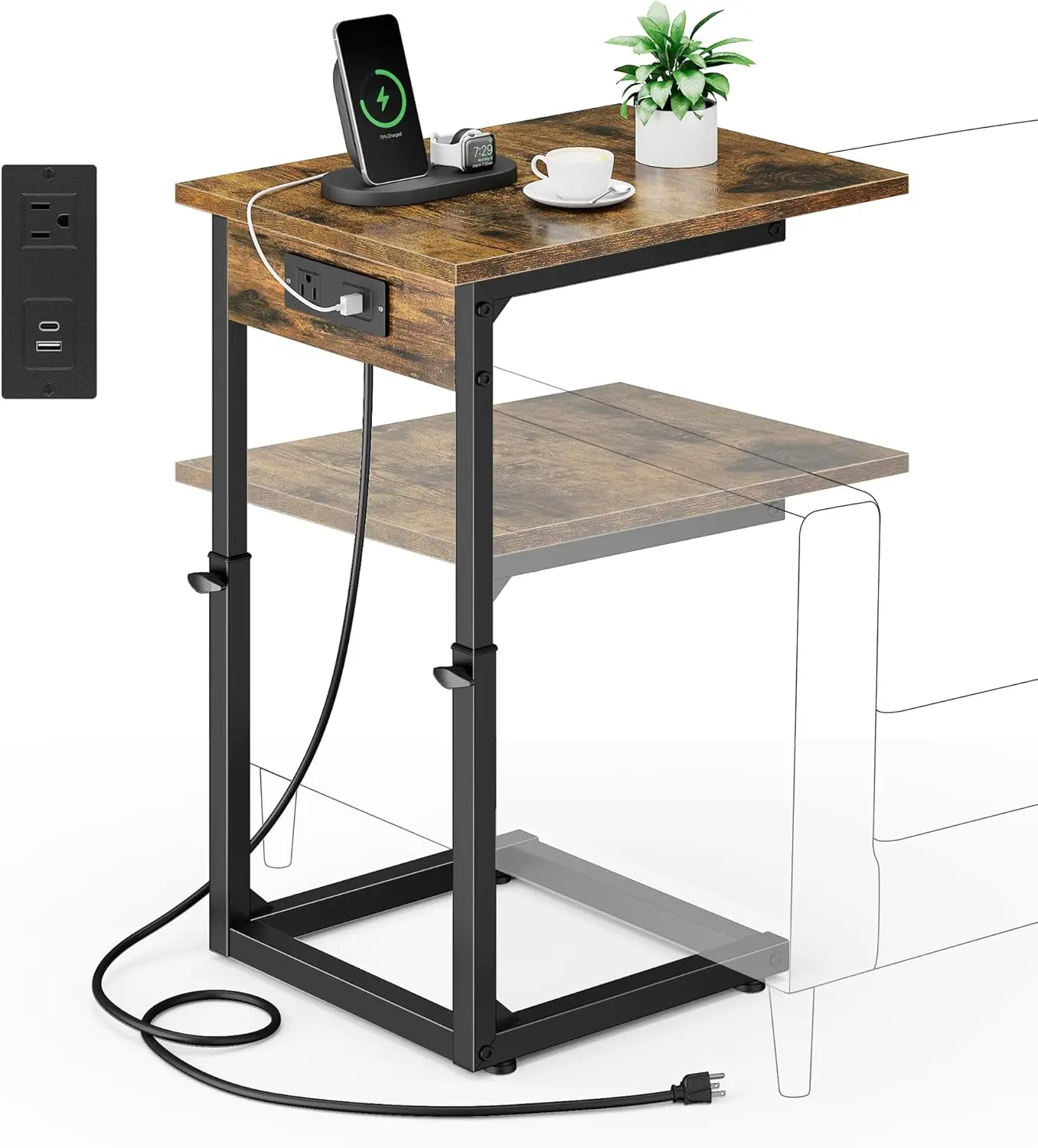 

C Shaped End Table with Charging Station, 33'Tall Side Table for Couch, C-Table End Table Adjustable Height Side Table,Slide