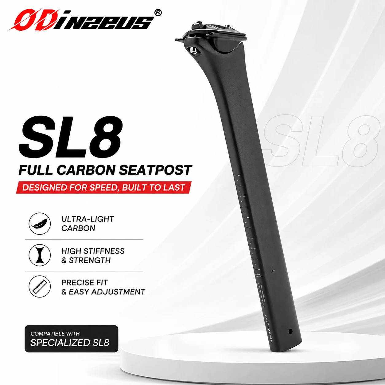 ODINZEUS pour tige de selle en fibre de carbone Tarmac SL8, tige de selle de vélo de route aérodynamique, décalage de 15 mm, 300/380 mm, compatible avec les cadres SL8