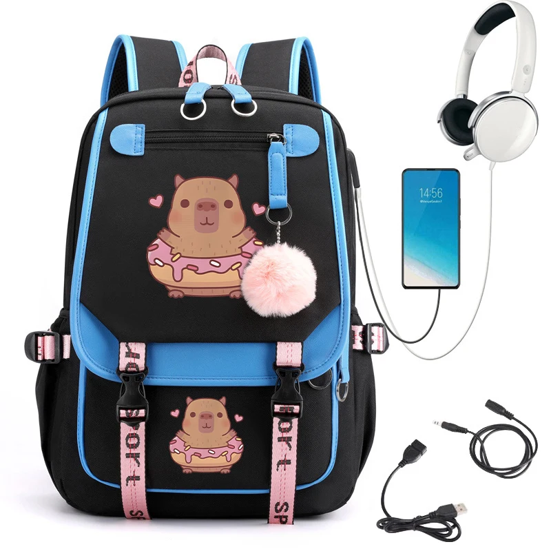 Cute Capybara Donut Mochila Escolar para Adolescente, Student Schoolbag, Anime Bagpack, Carregamento USB, Adolescentes Bookbag, Tendência