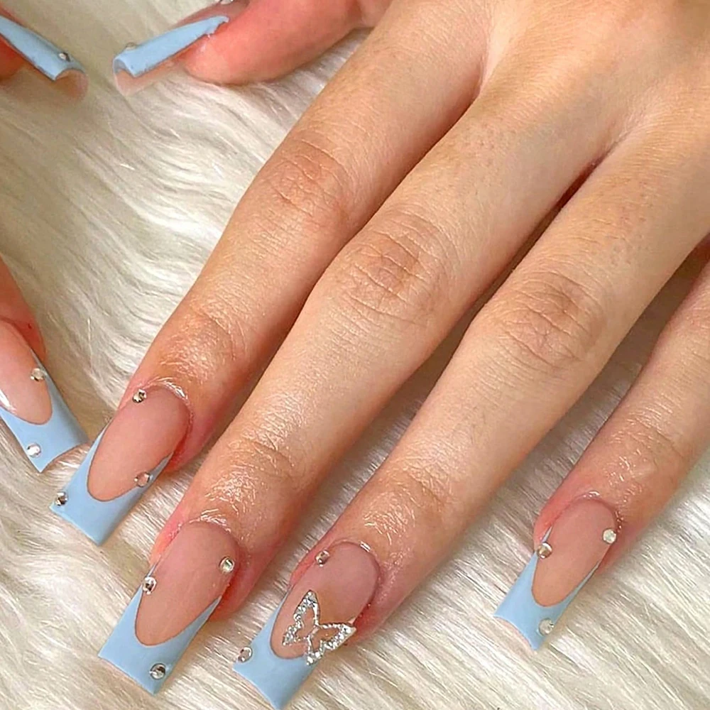 

ARTAUG 24PCS Medium Coffin Press On Nails Blue Fingertip French Trim Flash Drill Bowknot Press On Nails Full Cover Fake Nail Set