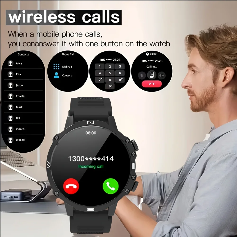 Men's Smartwatch, for iPhone and for Android Systems, Equipped with a TFT Display and LED Flashlight, Supports Multiple Sports