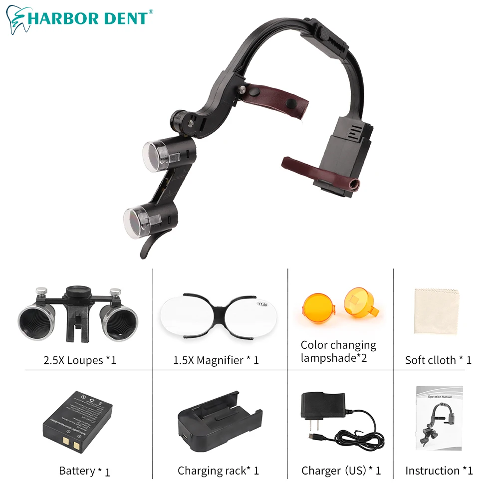 5W 치과 LED 헤드 라이트 램프 2.5X 3.5X Dentisit 외과 헤드 라이트 배율 쌍안 루페 (2 개의 필터 포함)