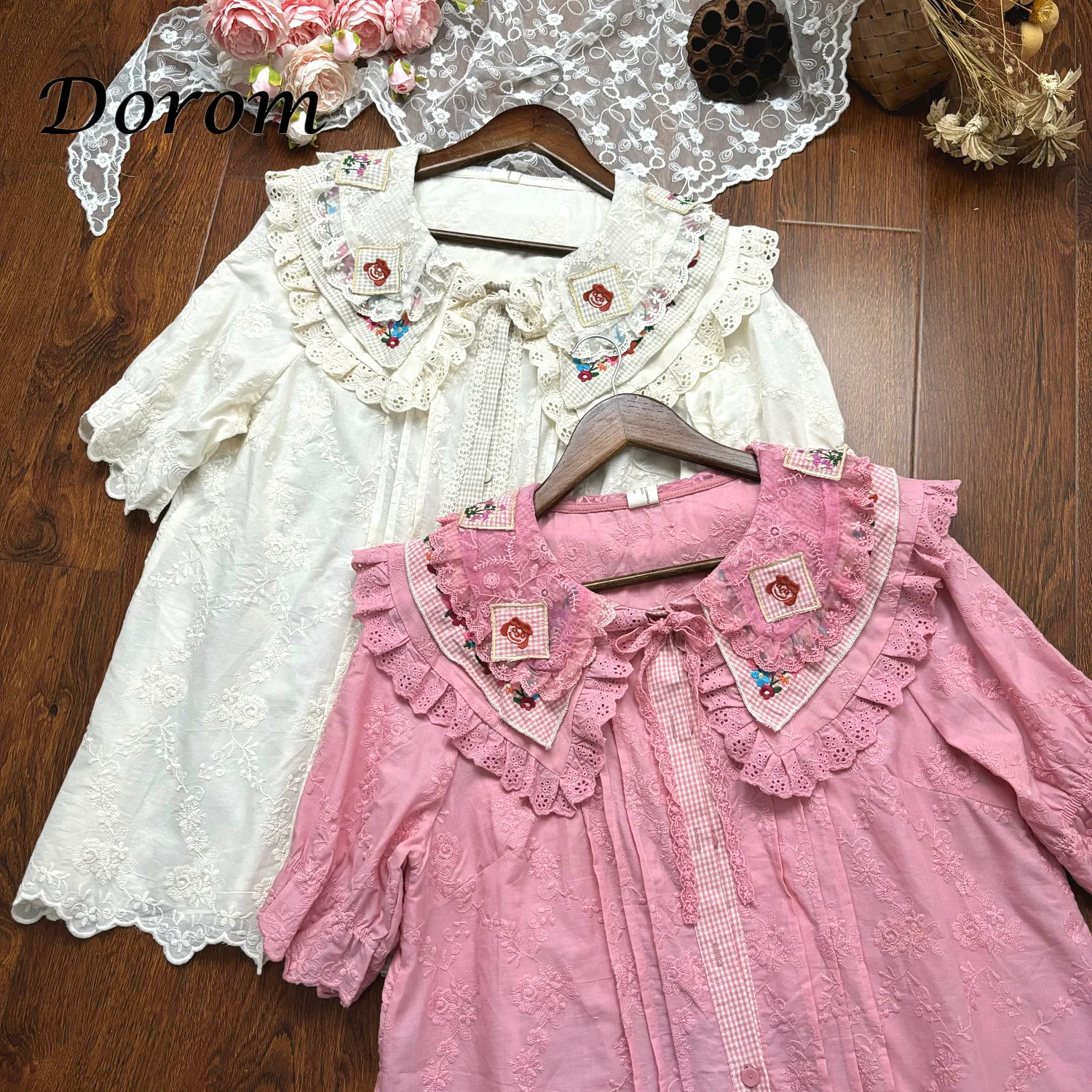 

Vintage Embroidery Cotton Short Sleeve Shirts Women Mori kei clothing Japanese style Lace Ruffled peter pan collar pink blouses