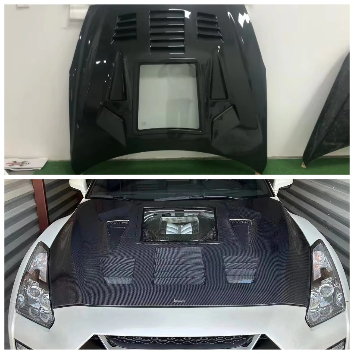 Engine Bonnet C Style Carbon Fiber Glass Transparent Hood Fits for Nissan GTR R35