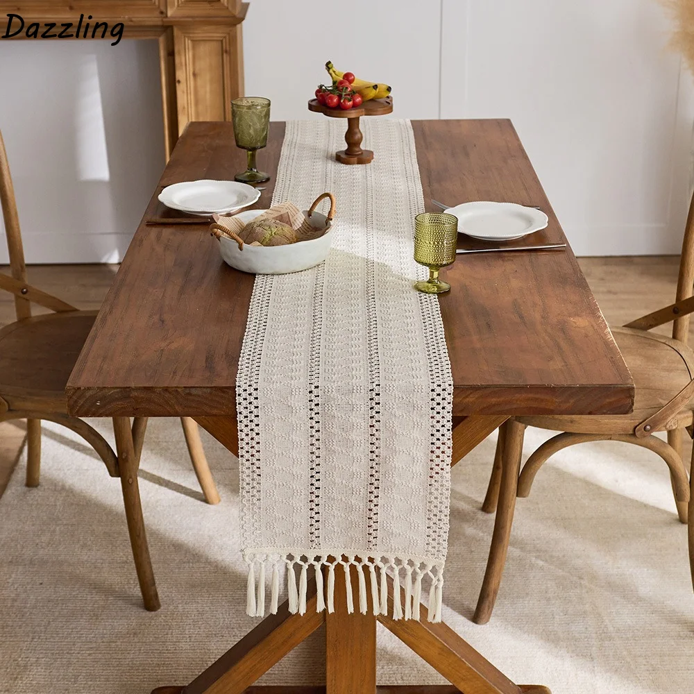 

American Style Boho Table Runner Rustic Solid Color Festival Dining Table Cover Rectangular With Tassel Tablecloth New Year