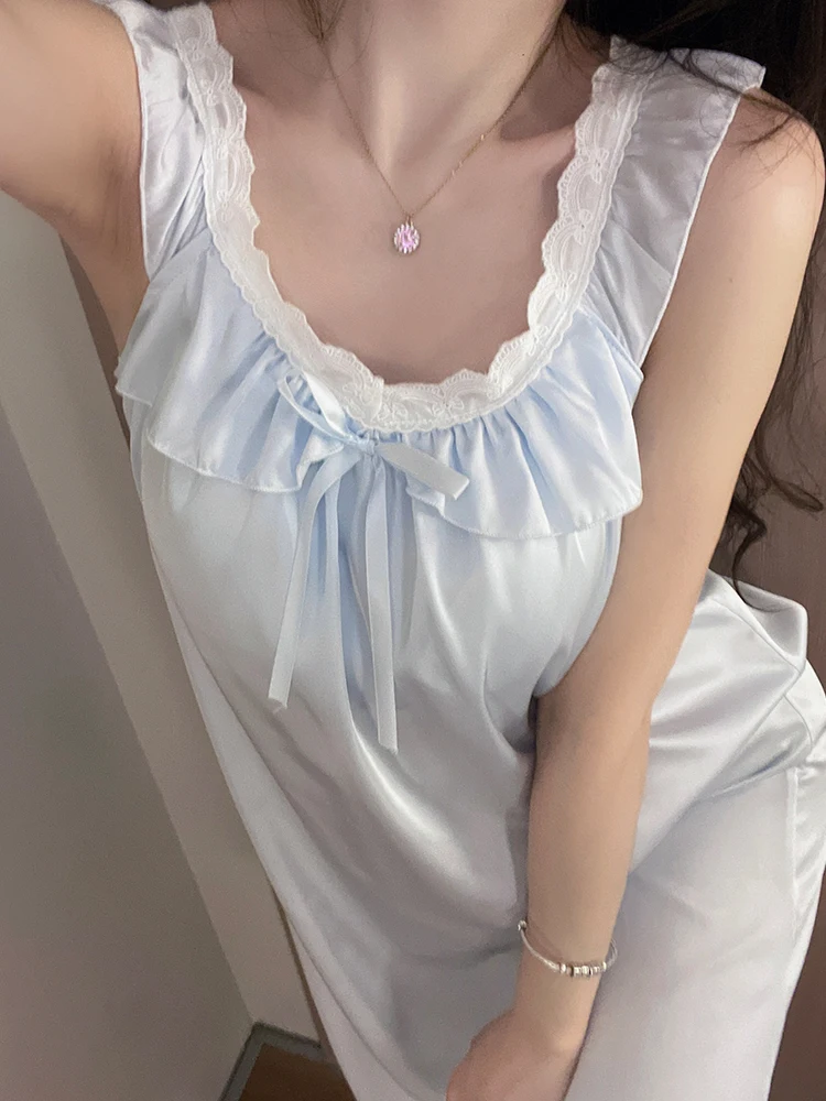 

DAIMELU with chest pad ice silk suspender nightdress women's summer sexy pure lust lace sleepwear lady loungewear girl nightgown