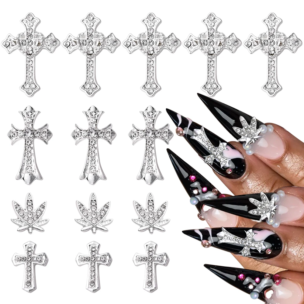 10Pcs Silver Retro Cross Nail Charm 3D Alloy Rhinestones Punk Gothic Classic Cross Nail Art Supplies for Acrylic Nail Decoration