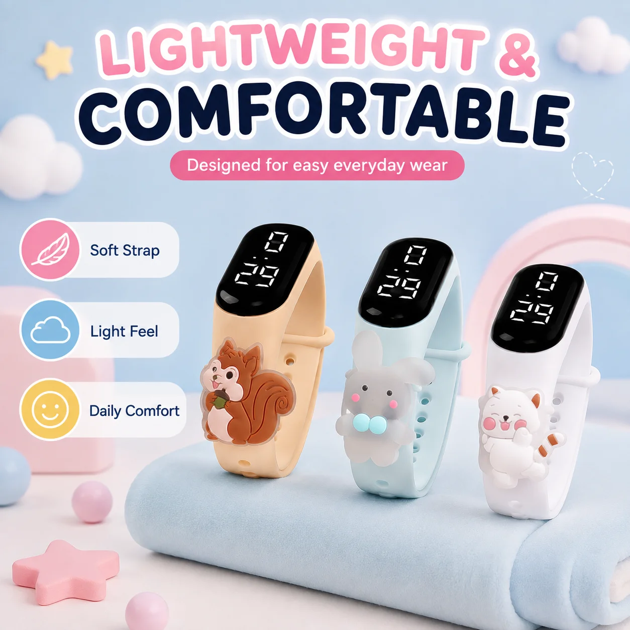 3-Pack Cartoon Animal LED Digital Watches with Multiple 3D Cute Pendants, Digital Display, and Adjustable Multi-Hole Strap
